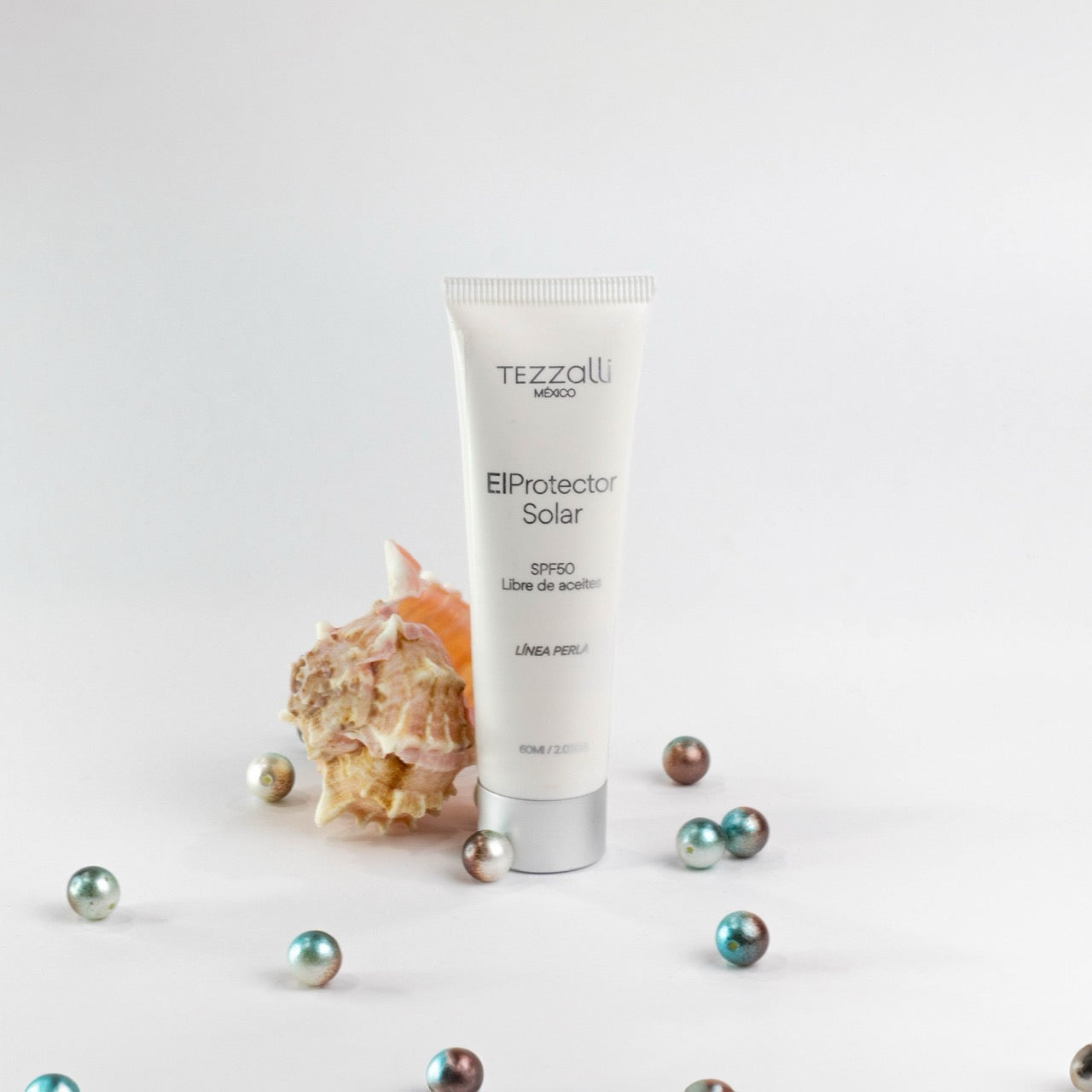 Protector solar, Tezzalli, Línea perla, Productos veganos para el cuidado de la piel en tiendas de México, piel mexicana, piel latina, perlas, conchas, skincare